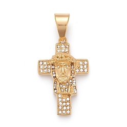 Golden Easter 304 Stainless Steel Pendants, with Crystal Rhinestone, Cross with Jesus, Golden, 37x23.5x6.5mm, Hole: 8x11mm