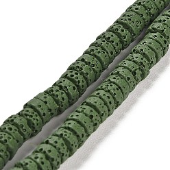 Vert Olive Foncé Brins de perles teintes en pierre de lave naturelle, Plat rond / disque, perles heishi, vert olive foncé, 6~6.5x3mm, Trou: 1.2mm, Environ 62 pcs/chapelet, 7.87 pouce (20 cm)