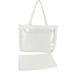White Canvas Shoulder Bags, Rectangle Women Handbags, with Zipper Lock & Clear PVC Windows, White, 31x37x8cm