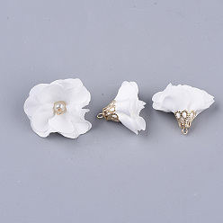 White Handmade Cloth Pendant Decorations, with Alloy Findings, Flower, White, 24~26x24~25mm, Hole: 2mm