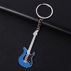 Dodger Blue Baking Paint Zinc Alloy Keychain, with Key Rings, Guitar, Dodger Blue, 7x2.6cm