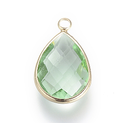 Verdemar Medio Colgantes de cristal, con fornituras de latón, facetados, gota, la luz de oro, verde mar medio, 14x7.5x4 mm, agujero: 1.8~2.3 mm