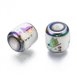 Colorful Electroplate Glass Beads, Column with Butterfly Pattern, Colorful, 11.5x11.5mm, Hole: 2.5mm, about 100pcs/bag