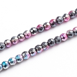 Multi-color Plated Electroplated Non-magnetic Synthetic Hematite Beads Strands, Half Plated, Round, Faceted, Multi-color Plated, 3mm, Hole: 0.7mm, about 139pcs/strand, 15.75 inch(40cm)