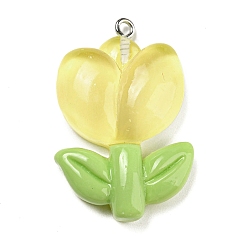 Champagne Yellow Translucent Resin Pendants, Flower Charms, with Platinum Tone Iron Loops, Champagne Yellow, 37x24x9mm, Hole: 1.6mm