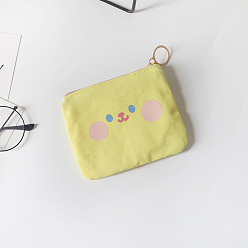 Champagne Yellow Cloth Wallets, Change Purse with Zipper, Rectangle with Smiling Face Pattern, Champagne Yellow, 11x10cm
