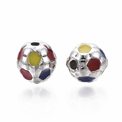 Real Platinum Plated Brass Beads, with Enamel, FootBall/Soccer Ball, Nickel Free, Real Platinum Plated, 7.5mm, Hole: 1.6mm
