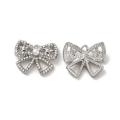 Platinum Crystal Rhinestone Pandants, with Rack Plating Alloy Findings & ABS Plastic Imitation Pearl Beaded, Nickel Free, Bowknot Charms, Platinum, 17.5x21.5x5mm, Hole: 1.6mm