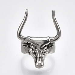 Античное Серебро Сплав манжеты кольца пальцев, широкая полоса кольца, бык, античное серебро, размер США 9 3/4 (19.5 мм)