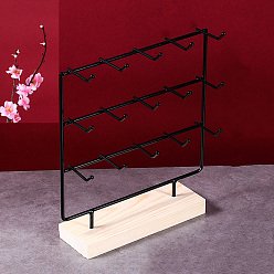 Black 3-Tier 15-Hook Iron Jewelry Display Stands with Wooden Base, Jewelry Organizer Holder for Earring Display Cards, Hair Ties, Bracelets Storage, Rectangle, Black, 24x7x27cm