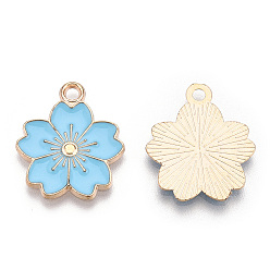 Light Sky Blue Alloy Enamel Pendants, Sakura Flower, Light Gold, Light Sky Blue, 20.5x17.5x1.5mm, Hole: 2mm
