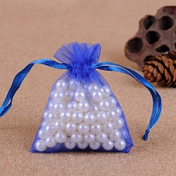 Blue Organza Jewellery Storage Pouches, Wedding Favour Party Mesh Drawstring Gift Bags, Rectangle, Blue, 9x7cm