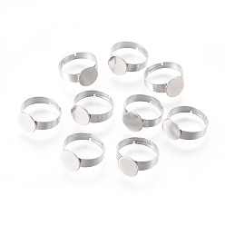 Stainless Steel Color Adjustable 201 Stainless Steel Finger Rings Components, Pad Ring Base Findings, Flat Round, Stainless Steel Color, Tray: 10mm, Size 7, 17mm