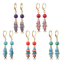Mixed Color Alloy Fish Dangle Leverback Earrings, with Synthetic Turquoise Beads, Mixed Color, 58x10.5mm