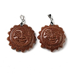 Goldstone Synthetic Goldstone Pendants, with Platinum Tone Brass Findings, Lead Free & Cadmium Free, Sun with Smiling Face, 36x29~29.5x9.5mm, Hole: 4x5mm