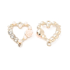 Pink Alloy Crystal Rhinestone Connector Charms, Light Gold, with Resin, Heart Links with Flower, Pink, 20.5x19x5mm, Hole: 1.6mm