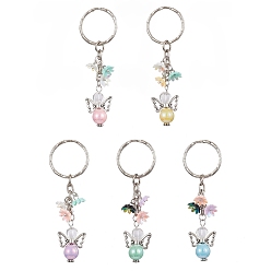 Mixed Color Angel Acrylic Beaded Keychain with Flower Opaque Resin Charms, with Iron Split Key Ring, Mixed Color, 7.8cm