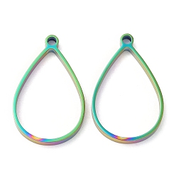 Rainbow Color 304 Stainless Steel Open Back Bezel Teardrop Pendants, For DIY UV Resin, Epoxy Resin, Pressed Flower Jewelry, Rainbow Color, 31x19x3mm, Hole: 2.2mm, Inner Diameter: 26x17mm