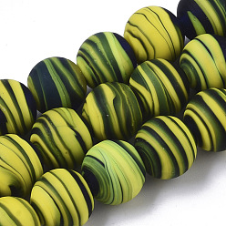 Yellow Green Handmade Frosted Lampwork Beads Strands, Stripe Beads, Round, Yellow Green, 11~12x10.5~11.5mm, Hole: 1.4mm, about 45pcs/Strand, 19.29 inch
