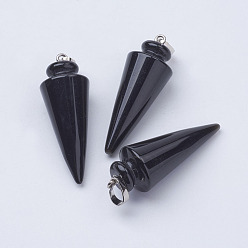 Black Agate Natural Black Agate Pendants, with Platinum Tone Brass Findings, Cone/Spike/Pendulum, 43~45x16mm, Hole: 5x7mm