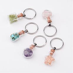 Mixed Stone Mixed Shapes Glass Bottle with Gemstone inside Keychain, with Stainless Steel Findings, 59~62mm