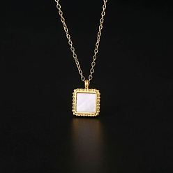 Golden Natural Shell Square Pendant Necklace with Stainless Steel Chains, Golden, 17.72 inch(45cm)