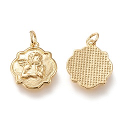 Golden Brass Pendants, with Jump Rings, Long-Lasting Plated, Flower with Angel, Golden, 17.5x14.5x2.5mm, Hole: 3.7mm