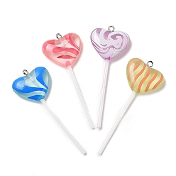 Heart Luminous Transparent Resin Cartoon Big Pendants, with Platinum Tone Iron Loops and Plastic Bar, Lollipop Charms, Mixed Color, Heart, 60.5x23x7mm, Hole: 2mm