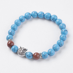 Synthetic Turquoise Synthetic Turquoise and Goldstone Beads Stretch Bracelets, with Alloy Findings, Owl, Antique Silver, 2 inch(52mm)