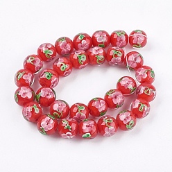 Roja Hilos de abalorios de murano hechos a mano, flor interna, rondo, rojo, 11~12x12~12.5 mm, agujero: 1.5~2 mm