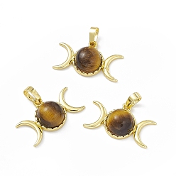 Tiger Eye Natural Tiger Eye Pendants, Triple Moon Charms, with Golden Tone Rack Plating Brass Findings, Cadmium Free & Lead Free, 15x26x7mm, Hole: 6.5x4mm