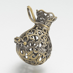 Bronze Antique Pendentifs en laiton, cage, pour faire des colliers à pendentif carillon, Sacs d'argent, bronze antique, 32.5x25x22mm, trou: 5x8 mm, dimensions intérieures: 20x23 mm