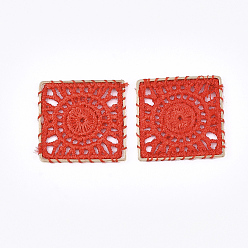 Red Polycotton(Polyester Cotton) Woven Pendant Decorations, with Brass Findings, Square with Flat Round, Light Gold, Red, 30x30x1mm