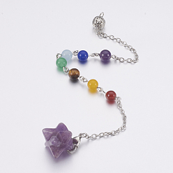 Amethyst Natural Amethyst Dowsing Pendulums, with Mixed Stone and Brass Findings, Chakra, Merkaba Star, Platinum, 205~230mm