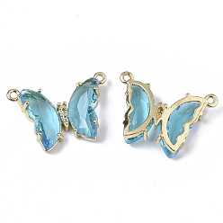 Sky Blue Glass Pendants, with  Micro Pave Cubic Zirconia and Brass Open Back Settings, Faceted, Butterfly, Golden, Sky Blue, 16.5x23.5x5.5mm, Hole: 1.2mm