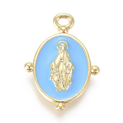Bleu Ciel Foncé Plaqué or pendentifs en laiton émail, ovale avec vierge marie religion, bleu profond du ciel, 18.5x13x2mm, Trou: 1.6mm