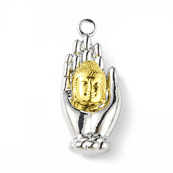 Platine & Or Deux pendentifs en alliage de tonalité, sans cadmium et sans plomb, breloque main avec tête de bouddha, platine et d'or, 37x16x9mm, Trou: 3mm