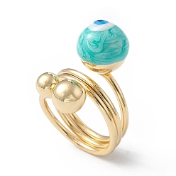 Turquoise Enamel Round with Evil Eye Finger Rings, Real 18K Gold Plated Brass Wrap Style Ring for Women, Turquoise, 5.5~19.5mm, Inner Diameter: 18mm