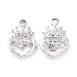 Crystal Alloy Rhinestone Pendants, Platinum Tone Crown Heart Charms, Crystal, 20x13x4mm, Hole: 2mm