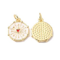 White Rack Plating Brass Pendants with Jump Ring, with Enamel, Long-Lasting Plated, Real 18K Gold Plated, Cadmium Free & Lead Free, Flat Round with Heart, White, 15x12.5x2mm, Hole: 3mm
