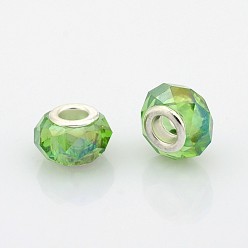 Vert Clair Couleur ab verre plaqué perles Européennes, perles de rondelle avec grand trou , avec noyaux en laiton plaqué couleur argent, facette, vert clair, 14x9mm, Trou: 5mm