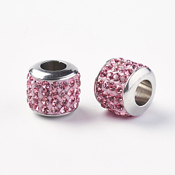 Rosa Claro 304 de acero inoxidable de cuentas europeo, con el grado de un diamante de imitación, abalorios de grande agujero, barril, rosa luz, 10x9.5 mm, agujero: 5 mm