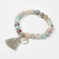 Amazonite Natural Amazonite Beads Stretch Bracelets, with Brass & Alloy Findings & Tassel Pendants, Frosted, Round & Buddha Head, Burlap Packing, 2-1/8 inch(53mm)