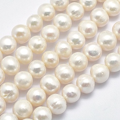 Beige Natural Cultured Freshwater Pearl Beads Strands, Round, Beige, 9~10mm, Hole: 0.8mm, about 46pcs/strand, 15.3 inch(39cm)