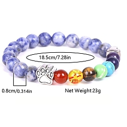 Jaspe Avec Point Bleu Bracelets extensibles en perles de jaspe bleu naturel et de pierres mélangées, bracelet en alliage à empreinte de patte de chien, 7-1/4 pouce (18.5 cm)
