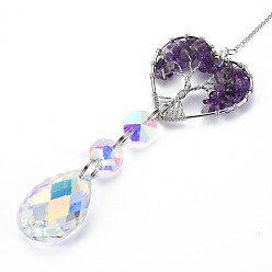 Amethyst Natural Amethyst Big Pendants, with Platinum Brass Chain Extender and Findings, Plating Glass Teardrop & Flower, Clear AB Color, Heart with Tree of Life, 130mm, Hole: 4mm