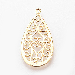 Real 18K Gold Plated Brass Pendants, Nickel Free, Real 18K Gold Plated, Hollow Teardrop, Golden, 28x15x1mm, Hole: 1mm