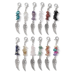 Miriam Stone Natural & Synthetic Gemstone Chips Pendant Decorations, with Alloy Lobster Claw Clasps and Wing Pendant, 78~79mm, 12pcs/set.