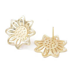 Real 18K Gold Plated Brass Stud Earring Finding, with Vertical Loops, Sunflower, Real 18K Gold Plated, 25x25mm, Hole: 1.2mm, Pin: 0.7mm