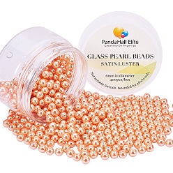 Coral Pearlized Glass Pearl Round Beads, Dyed, Coral, 6mm, Hole: 0.7~1.1mm, about 400pcs/box